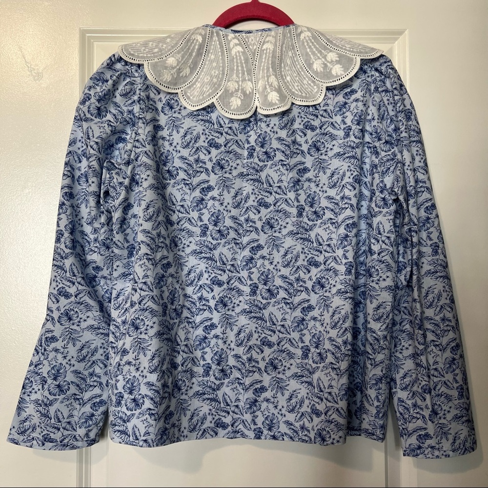 Andion Fiona blue paisley ditsy floral print embroidered collar blouse S - Picture 6 of 10